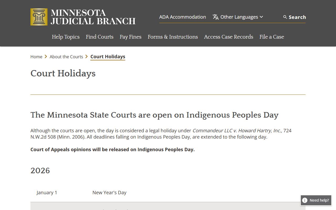 Isanti County court dockets Minnesota court holidays source