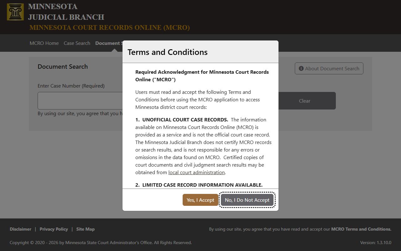 Isanti County court records MCRO Document Search screen