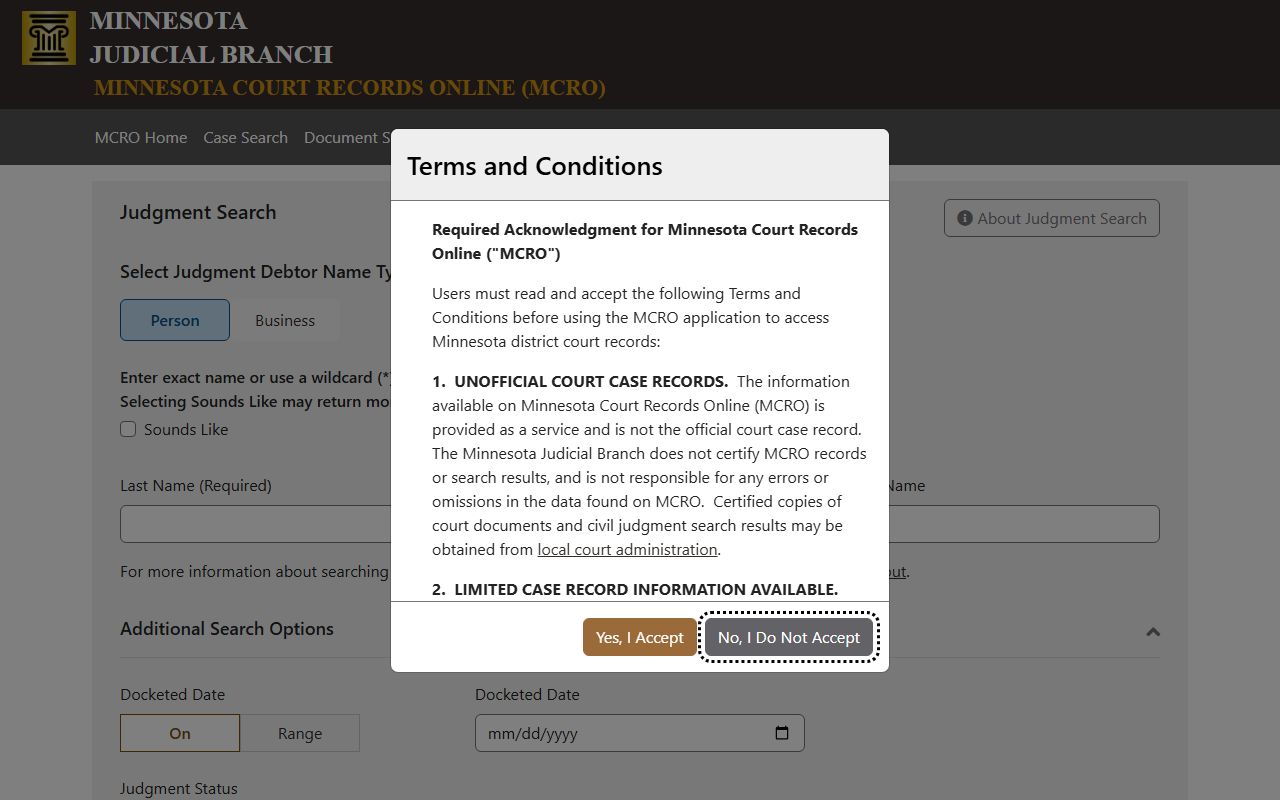 Isanti County court records MCRO Judgment Search screen