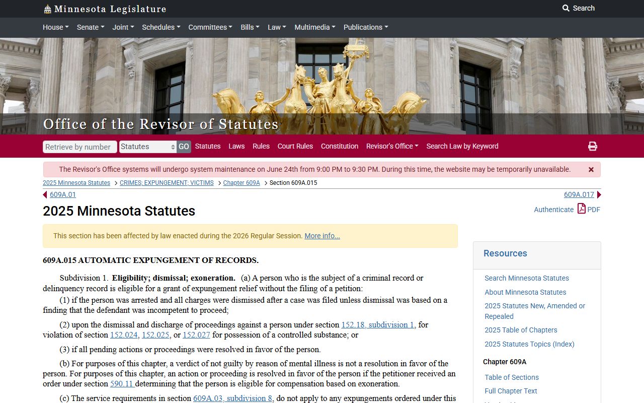 Isanti County criminal court records automatic expungement statute source