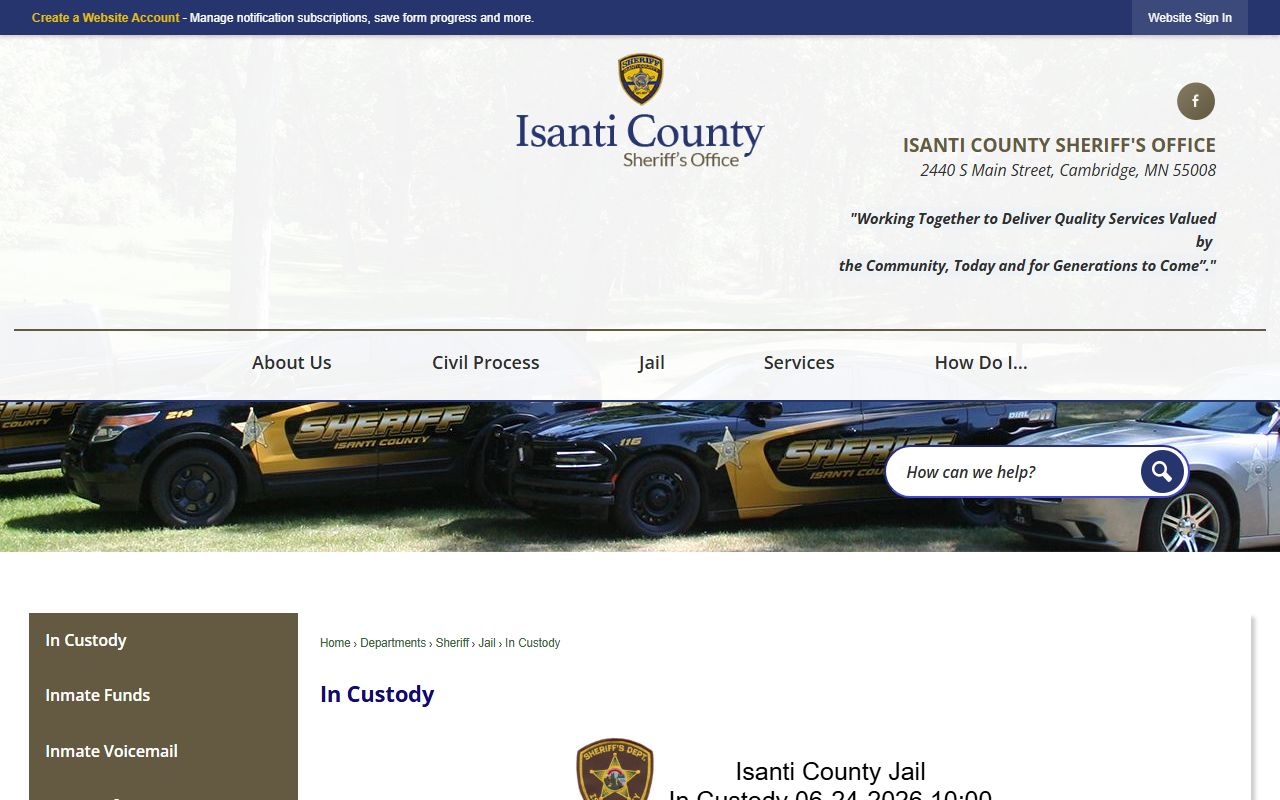 Isanti County inmate records county in-custody page
