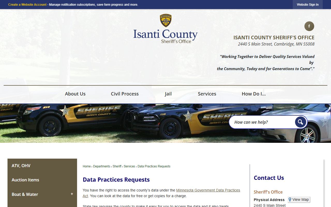 Isanti County warrant records sheriff data practices request